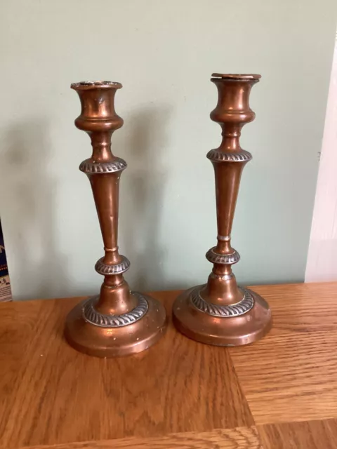 Antique Pair Of Candlesticks Copper And Silver Plated 9.75”