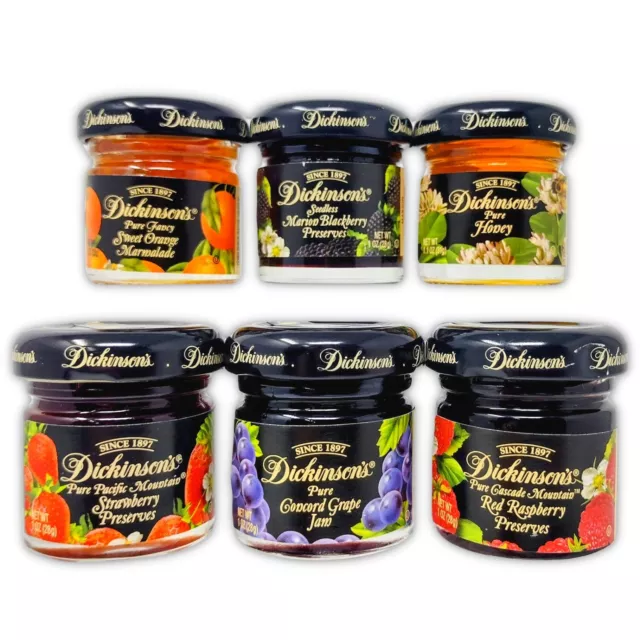6 DICKINSON'S Preserves Jam Jelly Honey Multi Flavors Miniature 1oz Sealed Jars
