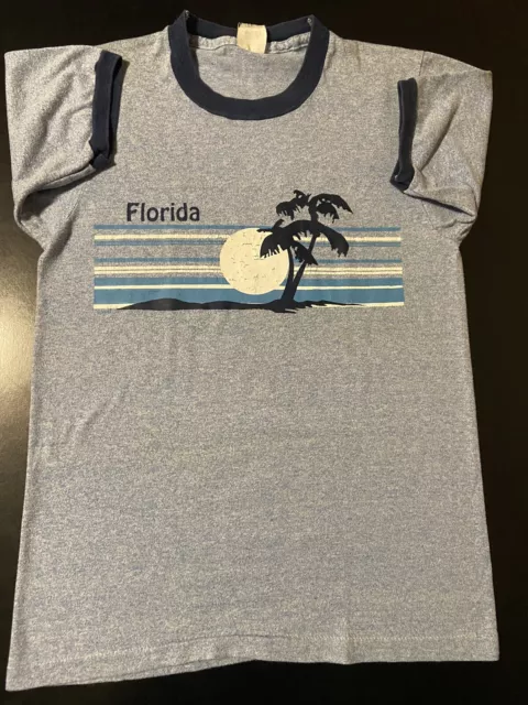 Vintage 80s Florida Heather Blue Ringer T-Shirt SMALL Palm Trees Spring Break