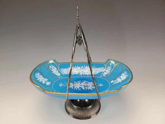 Antique Moser Bohemian Cut Enamel Blue Opaline Glass Silver Plate Meriden Bowl