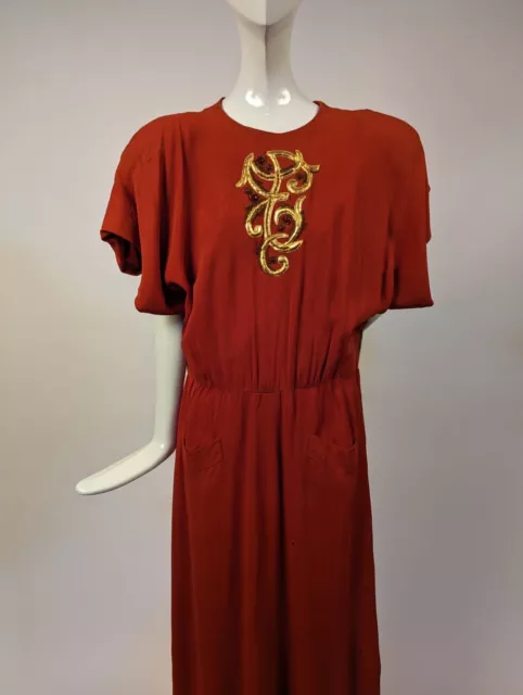 1940’S BURNT ORANGE Crepe Long Dress W Jeweled Gold Leather Front - As ...