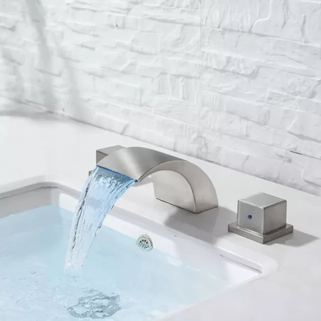 Widespread LED Bathroom Faucet Basin 3 Holes Waterfall Vanity Sink Mixer Tap