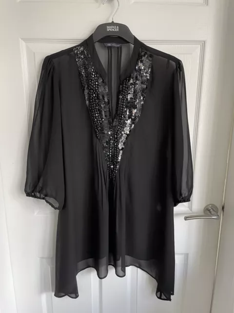 Ladies Black MARKS & SPENCER Collection 3/4 Sleeve Beaded Sequin Cover Up Size22