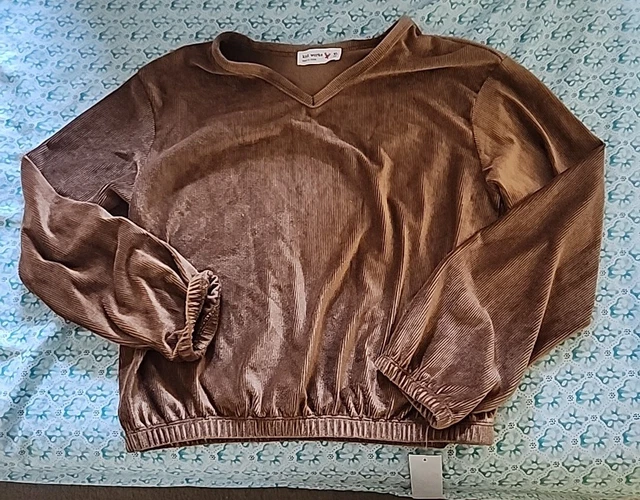 Knitworks Girls Ribbed Velour Cropped Top Gold Brown Long Slv NWT Sz XL (16 )