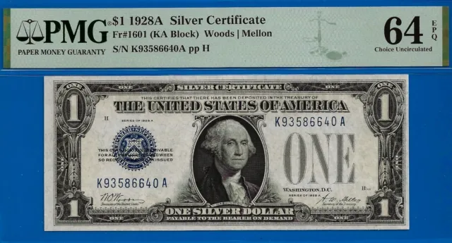 1928A $1 Silver Certificate PMG 64EPQ popular wanted funny back KA block Fr 1601