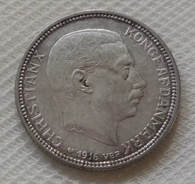 1916 Denmark 2 Kroner Silver Coin Vf-Xf Mintage 402,000