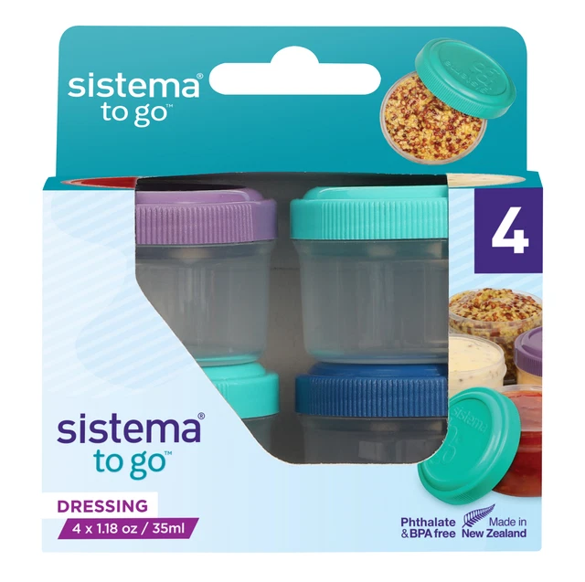 Juego de 4 ollas de loción de salsa de aderezo Sistema To Go verde azul rosa púrpura
