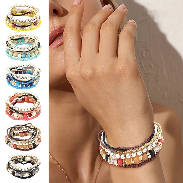 Armkettchen Damen Silber Buntes Perlenarmband-Set, süßes Geschenk,