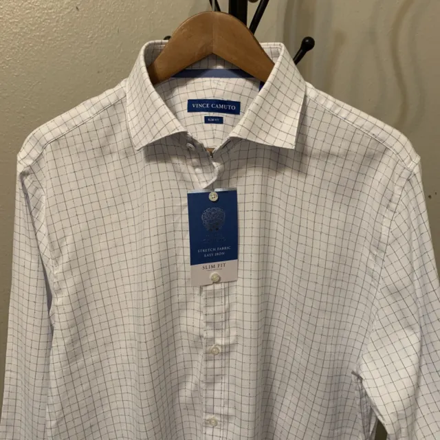 Neuf avec étiquettes chemise boutonnée Vince Camuto 17 34/35 blanche à carreaux bleus 89$