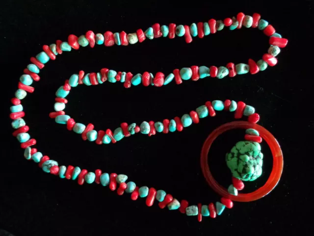 Southwest Style Boho Green Blue Turquoise Coral Agate 30" Long Pendant Necklace