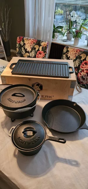 Echtwerk Dutch Oven Set 7tlg Holzkiste Gusseisen Grillset Feuertopfset Töpfe Pfa