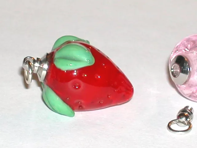 1 Glass Lampwork Strawberry BOTTLE fruit oil perfume bead pendant vial Screw Cap