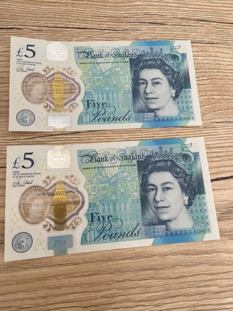 Rare CHURCHILL Polymer Five Pound Notes X 2  Consecutive AK47 Serial No!!  £5