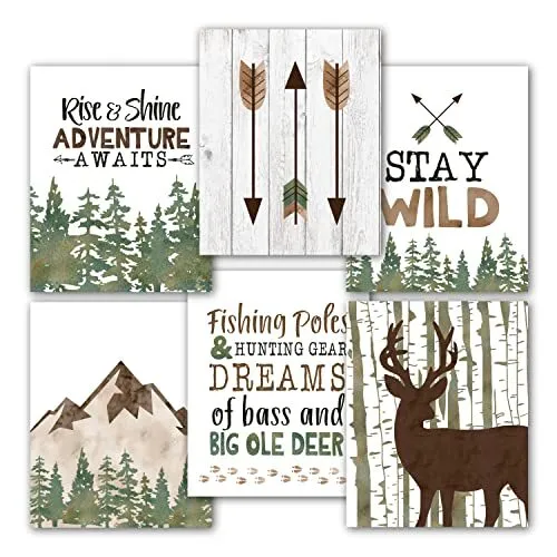 6 Reversible 8x10 Hunting Decor Prints, Deer Wall Art, Adventure Nursery