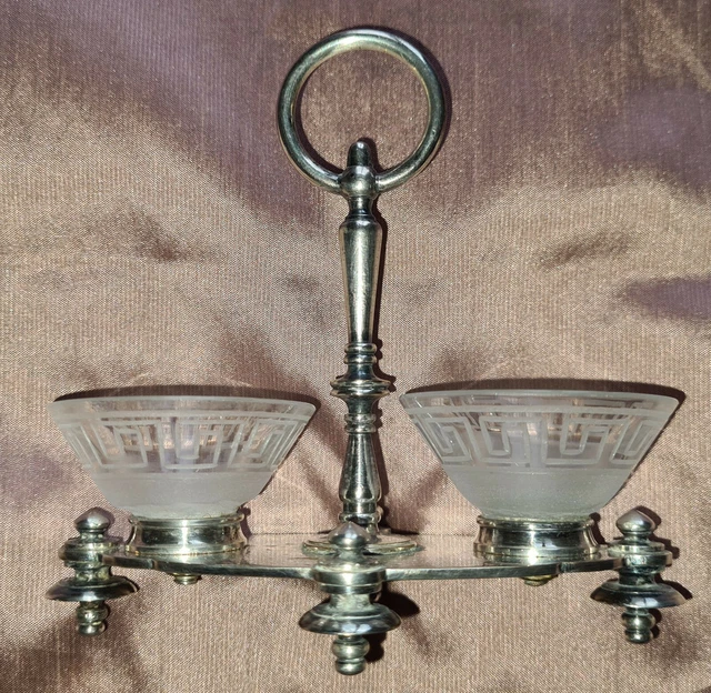 CHRISTOFLE salière XIXème en métal bronze argenté & verrines cristal gravé