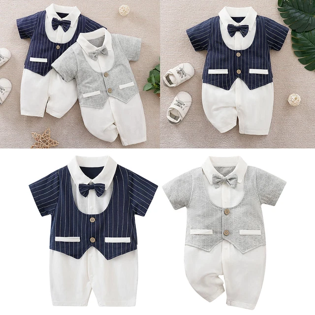Baby Boys Gentleman Romper Toddler Short Sleeve Tuxedo Jumpsuit with Bowtie