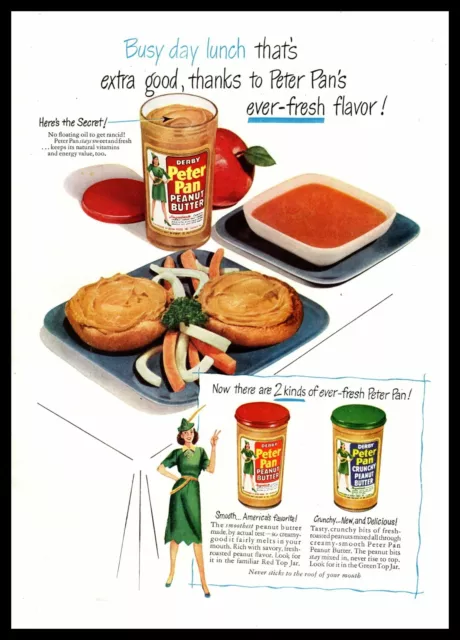 1949 Derby Peter Pan Peanut Butter Green Top Crunchy & Red Top Creamy Print Ad