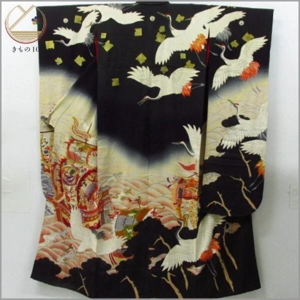 Gorgeous! Taisho Showa Antique Vintage Japanese Kuro Furisode Kimono hikizuri