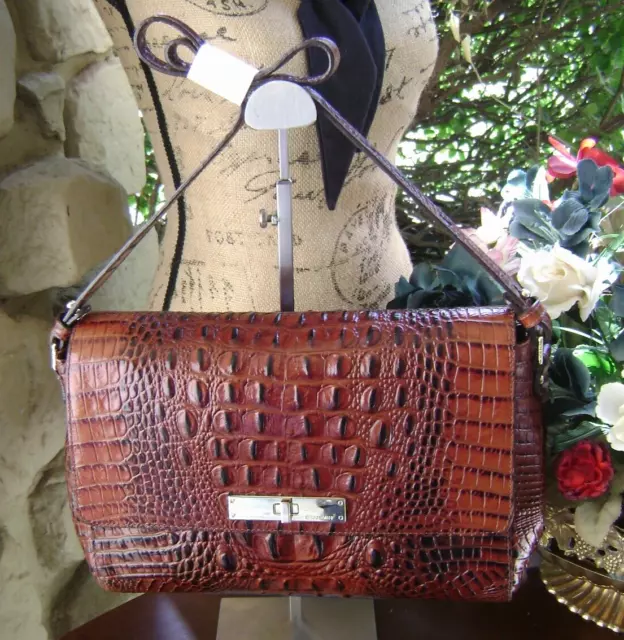 Brahmin EUC Thea Pecan Mlbrn Emb Leather Shoulder Bag  X-Body Dust Bag Care Card