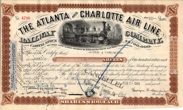 The Atlanta And Charlotte Air Line Railway Company.....1934 Stock Certificate