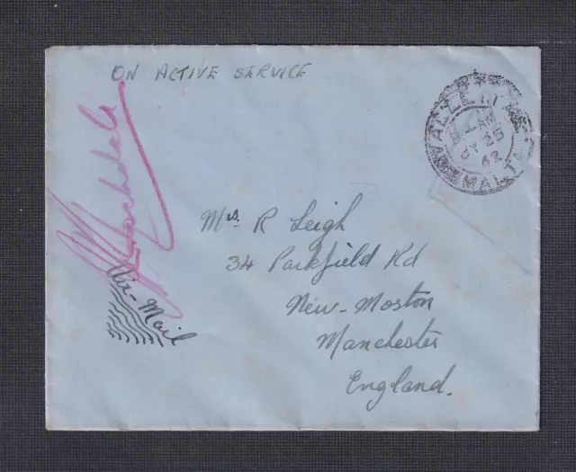Malta 1942 Ww2 'On Active Service’ Airmail Cover Valletta To Manchester England