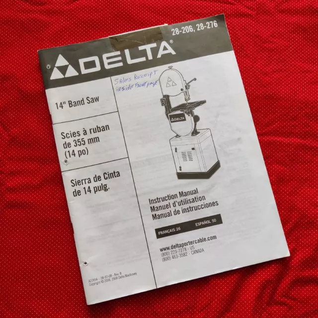 DELTA 14 InchBand Saw 28-206 and 28-276 Owner  Manual 25 pages Eng Fre Spanish