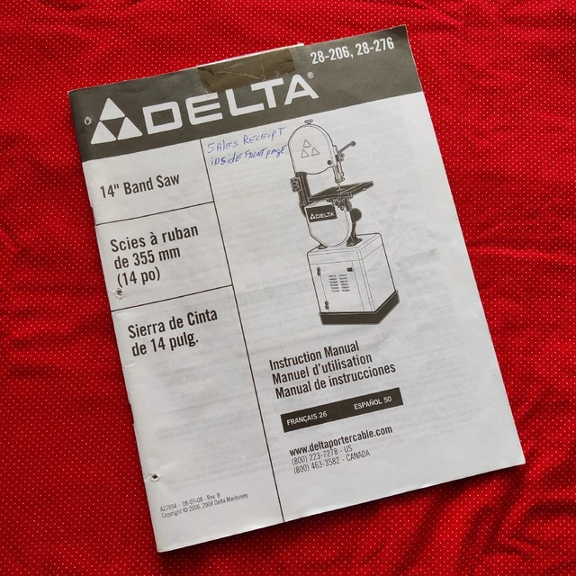 DELTA 14 InchBand Saw 28-206 and 28-276 Owner  Manual 25 pages Eng Fre Spanish
