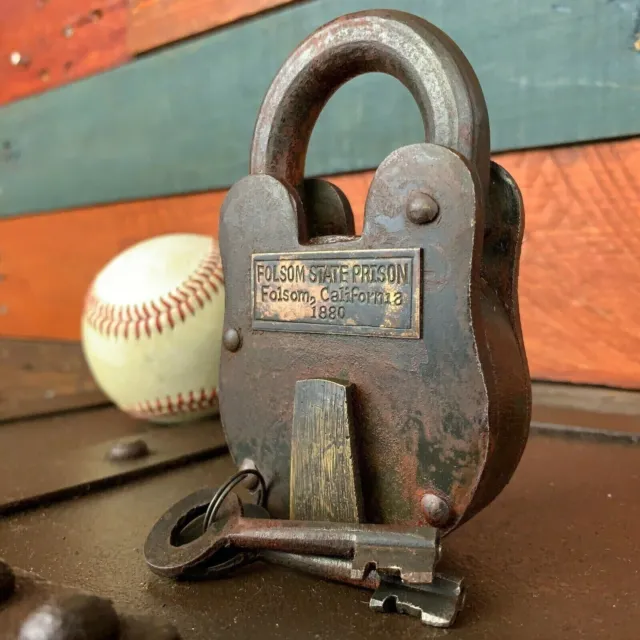 Antique Folsom California State Padlock Prison Cast Iron Lock Keys Brass Tag