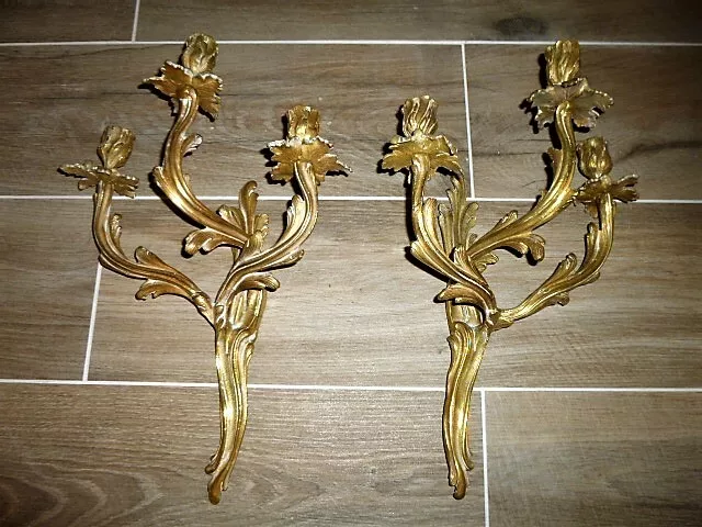 Ancienne Paire De Bougeoirs Bronze Feuilles D’acanthes 3 Feux