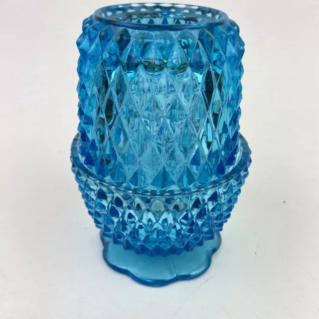 Vtg Indiana Glass Fairy Lamp Cobalt Blue Diamond Point Tealight Candle Votive 2