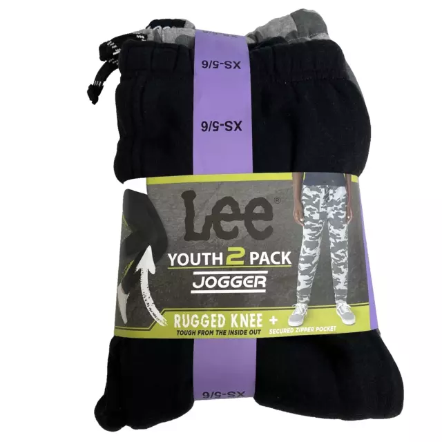 Lee Youth Boys 2 Pack Jogger Fleece Lined Black Gray Camo XS 5-6