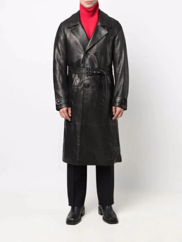Pelle D'Agnello Lungo Cappotto Trench Uomo Nero Doppio Petto Slim Fit Cappotto