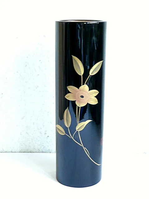 Blumen Vase Holz lackiert Asia Handarbeit schwarz Gold Dekor Blumen H-25cm