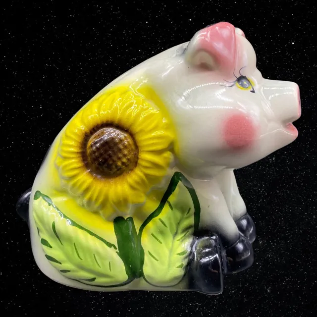 Art Pottery Hand Painted Sunflower Spotted Pig Coin Bank Whimsical 6”T 7”W