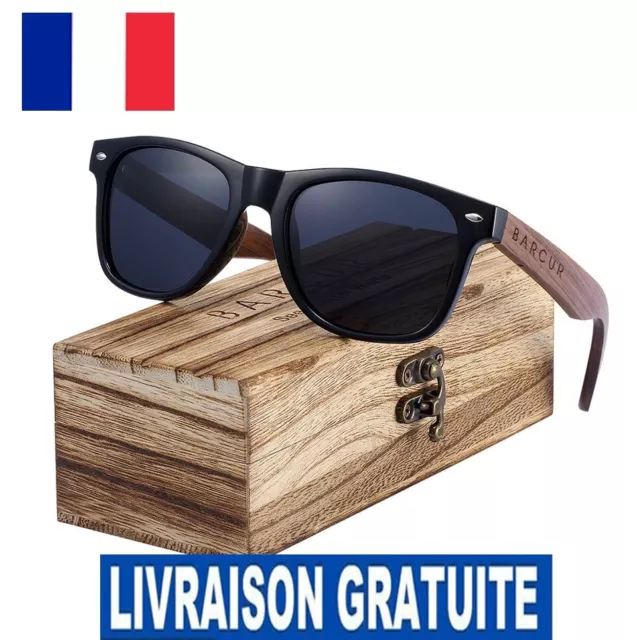 Lunettes de soleil polarisées carrées en bois pour homme premium avec Boite NEUF