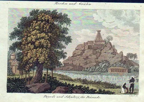 Origine Inde Pagode Temple Wira-Mally Engraving Bertuch Gravure sur Cuivre 1800