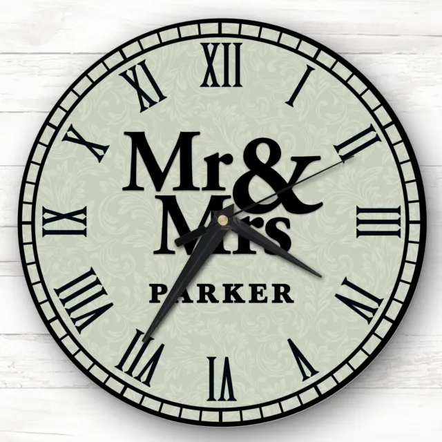 Mr & Mrs Green Floral Background Romantic Couple Gift Personalised Clock