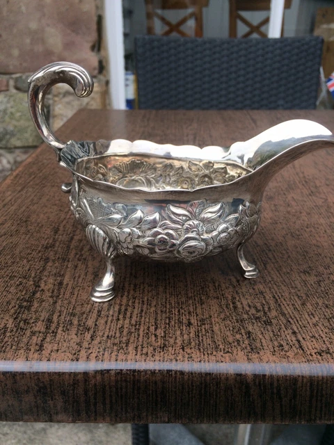 Antique Georgian Solid Silver Embossed Sauce Boat Gravy Jug 236 Grams C1770