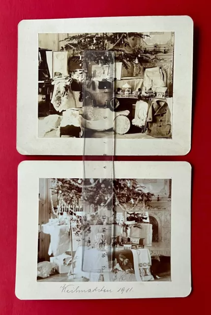 2 x altes Foto WEIHNACHTEN 1911 Weihnachtsbaum mit Blech Spielzeug    ( 133559