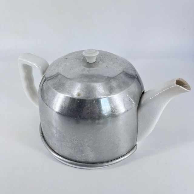 Vintage Art Deco Ceramic Teapot Coffee Pot with Metal Insulated Cozy Cover