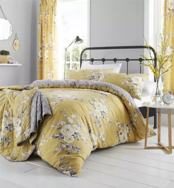 Catherine Lansfield Canterbury Ochre Floral Duvet Cover Bed Set Yellow Curtains