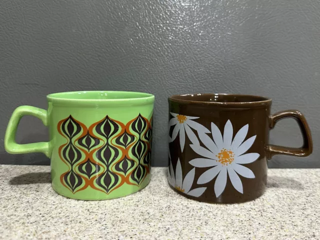 2 Vtg Staffordshire Potteries Coffee Mugs Cups Mod Flowers MCM Boho 70s England