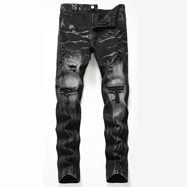 New Men Slim Fit Jeans Wash Bleached Denim Pants Straight Destroyed Ripped Jeans