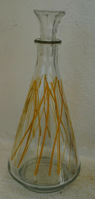Ancienne Carafe En Verre  Annee 50 Decor Jaune  Avec Son Bouchon