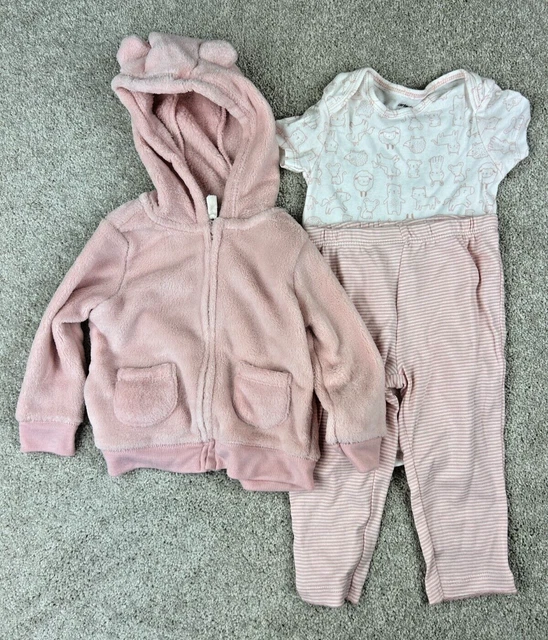 Carter's Baby Girl 3pc Set 3M 12M 18M Fleece Character Hooded Bodysuit Pants NEW