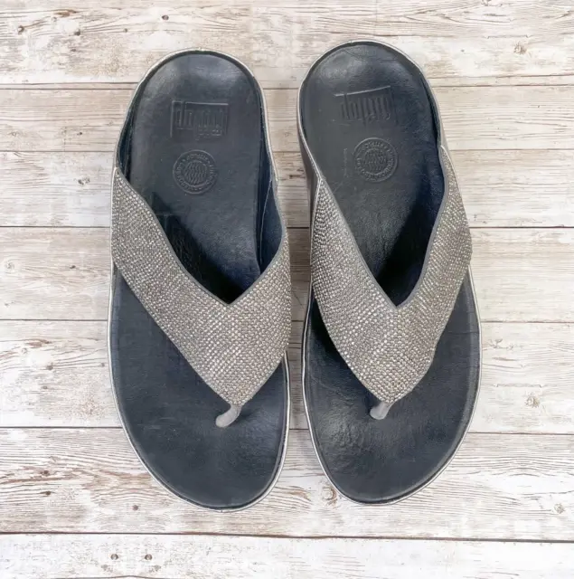 Fitflop Crystall Sandal Womens 8 Flip Flop Thong Wedge Pewter Comfort Slide Shoe