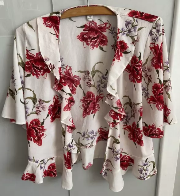 Damas Miss Selfridge Talla 10 Blanco Floral Kimono Envolvente Top Corto Crepé Flotante