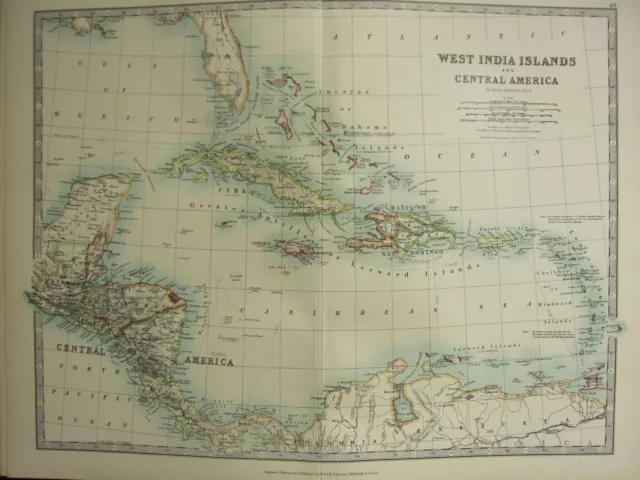 1896 LARGE VICTORIAN MAP ~ WEST INDIA ISLANDS CENTRAL AMERICA CUBA JAMAICA etc
