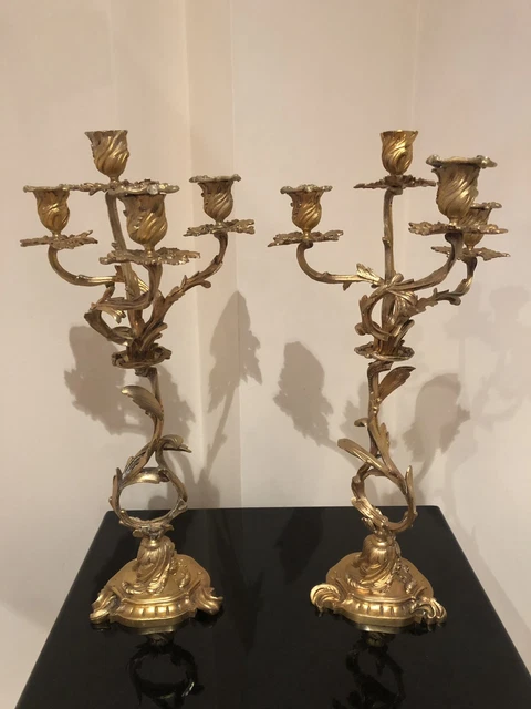Large Pair Golden Bronze Candelabra Louis Xv Xix Eme Brand M
