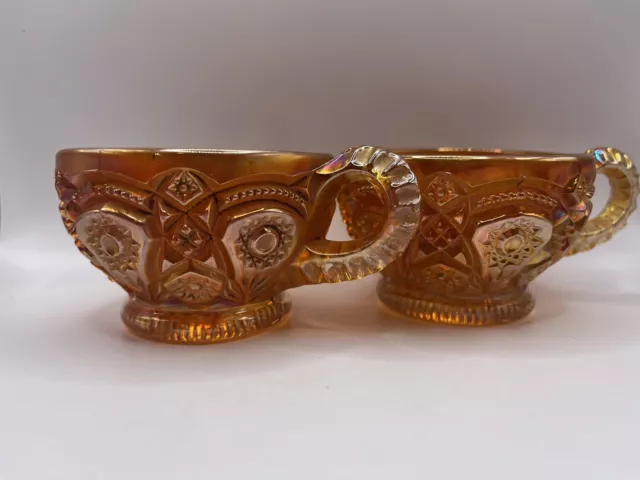 Imperial Glass Hobstar & Arches  Marigold Carnival Glass Tea Cups (2)